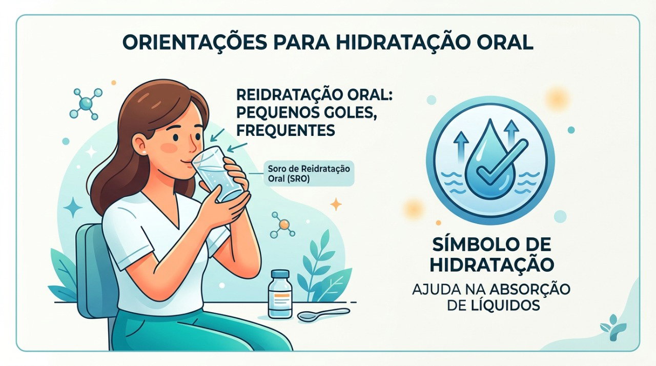 Pequenos goles frequentes de líquidos ajudam a reduzir o risco de desidratação durante a gastroenterite.