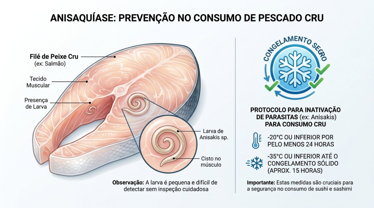 O congelamento adequado pode eliminar parasitas como o Anisakis presentes em peixes destinados ao consumo cru.