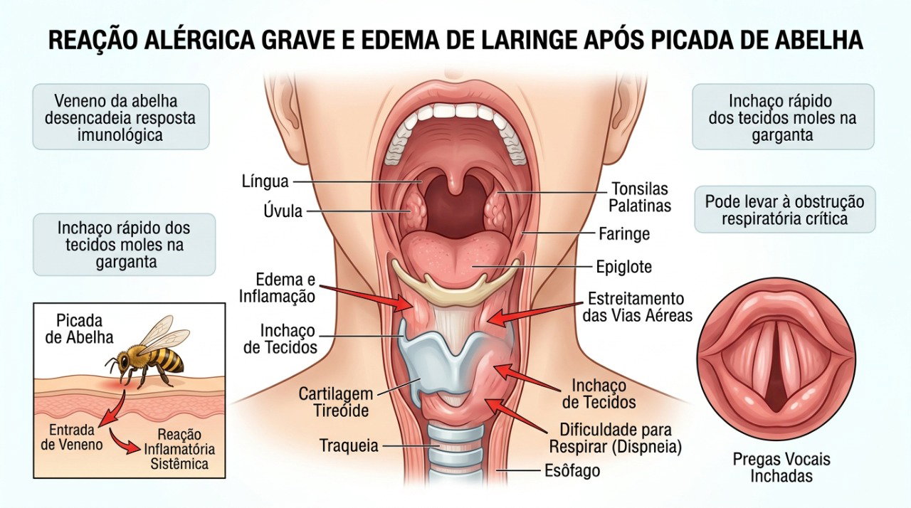 Na anafilaxia, o inchaço da língua e da garganta pode comprometer rapidamente a respiração.