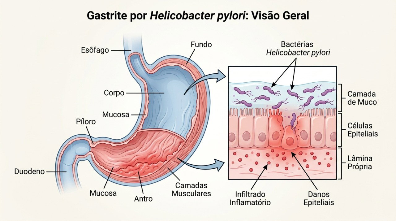 A infecção por H. pylori pode inflamar o estômago e estar associada à gastrite e à úlcera péptica.