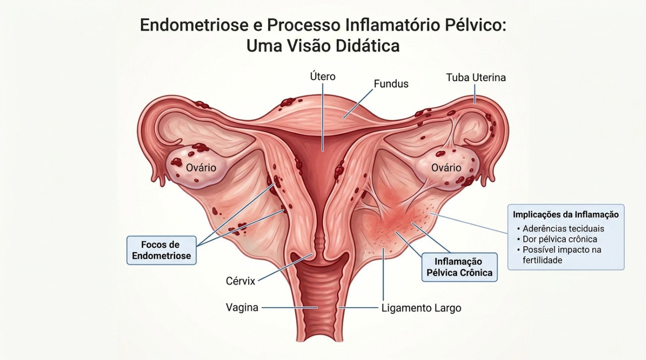 Focos de endometriose podem causar inflamação e dor recorrente associada ao ciclo menstrual.