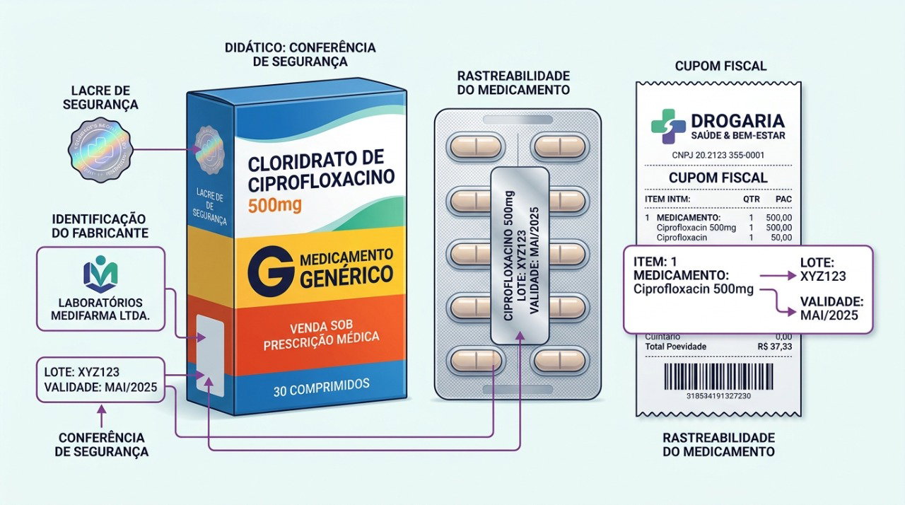 Conferir lacre, lote, validade, fabricante e nota fiscal ajuda a avaliar a procedência do medicamento.