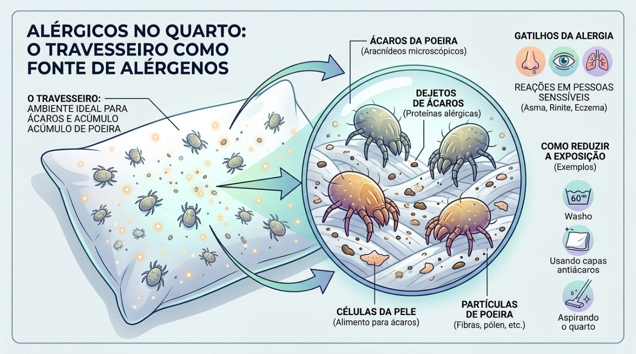 Travesseiros podem acumular ácaros e partículas capazes de desencadear sintomas de rinite alérgica.