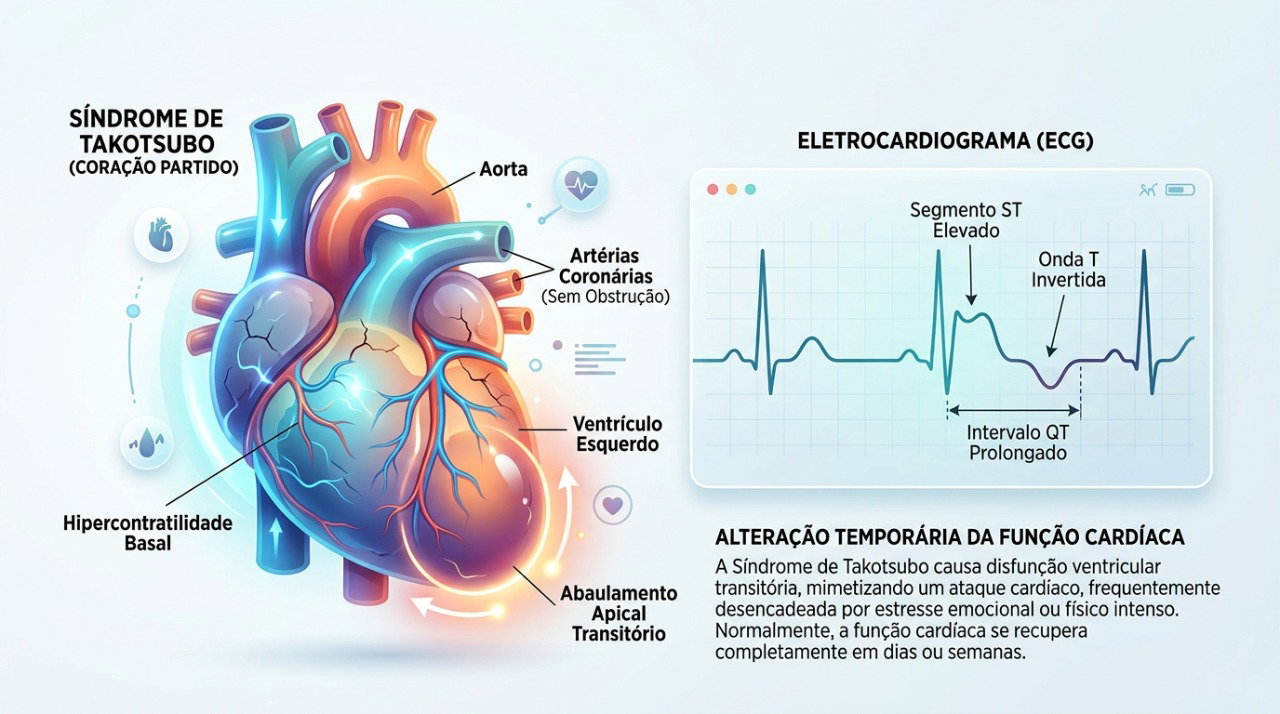 Eletrocardiograma e outros exames ajudam a diferenciar a síndrome de Takotsubo de um infarto.
