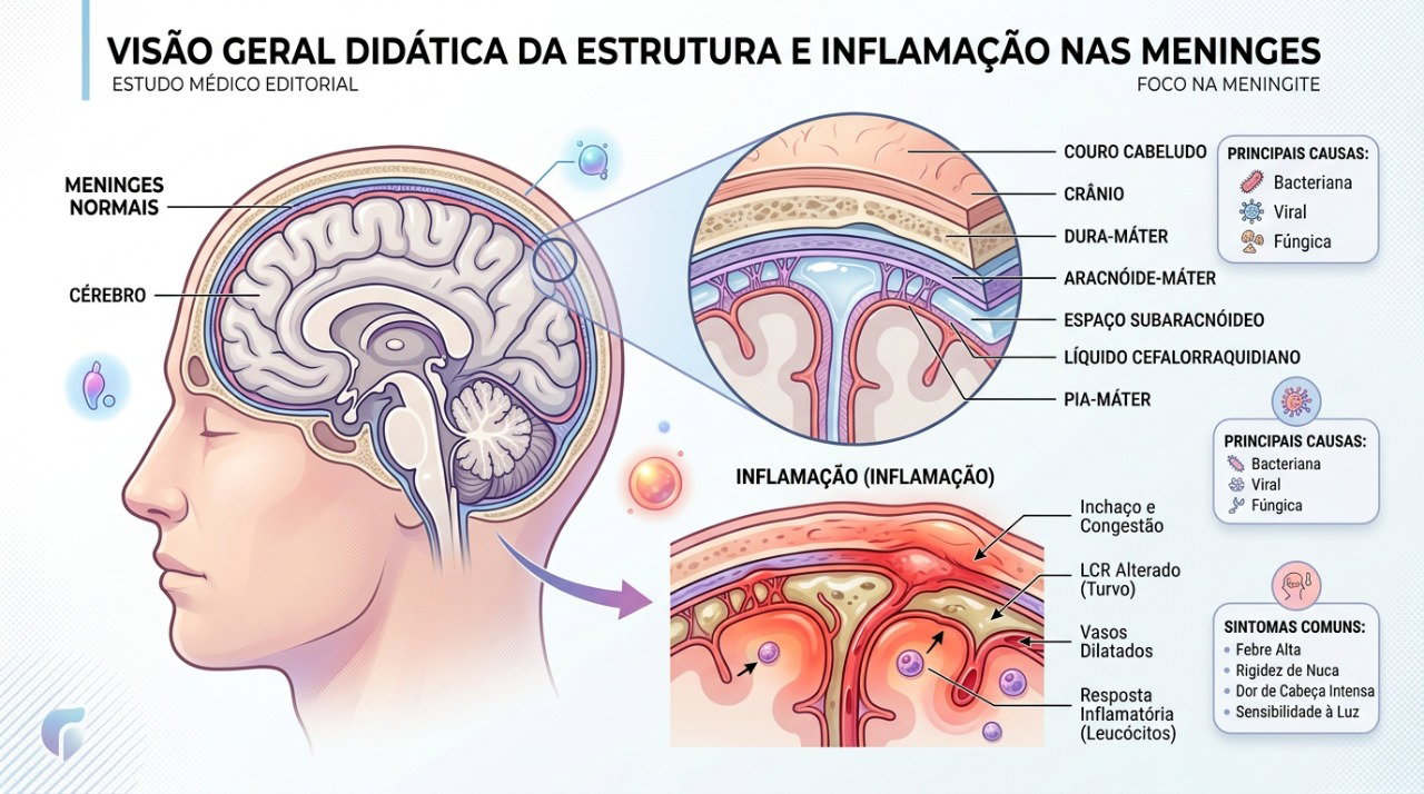 A meningite causa inflamação das membranas que envolvem o cérebro e a medula.