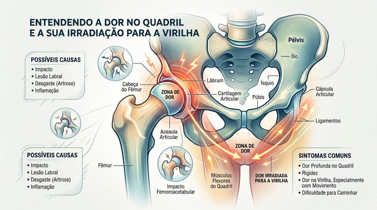 Alterações no quadril podem provocar dor profunda na virilha e limitar os movimentos da perna.