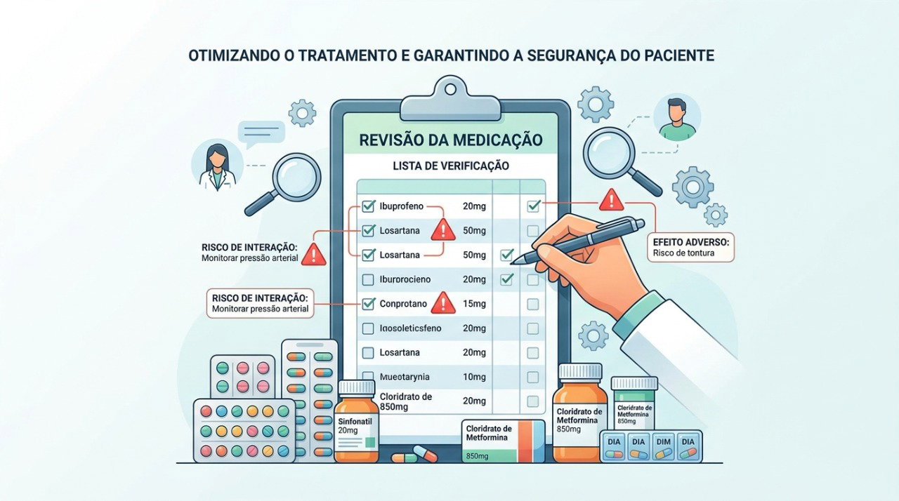 Revisar todos os medicamentos pode ajudar a identificar efeitos colaterais, interações e prescrições desnecessárias.