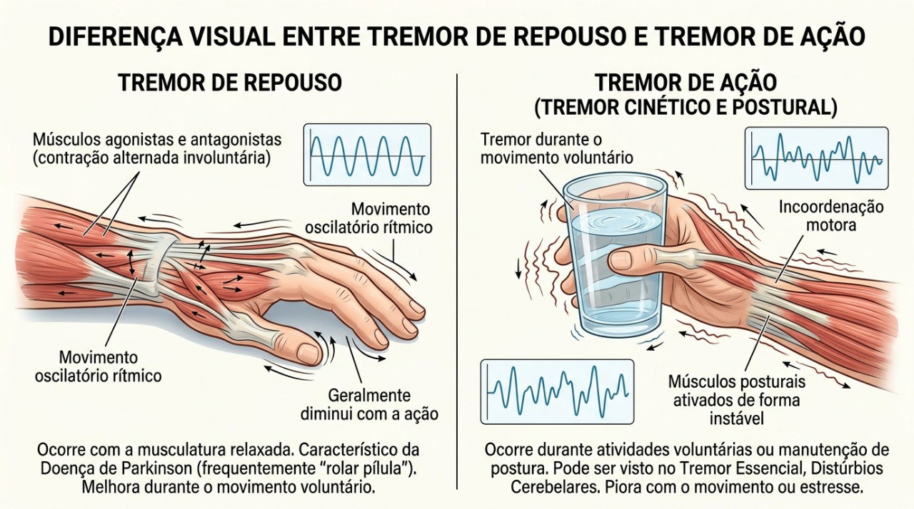Observar se o tremor surge em repouso ou durante movimentos ajuda a orientar a investigação médica.
