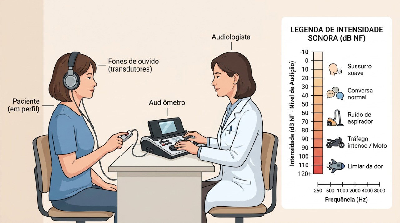 A audiometria ajuda a medir a capacidade de ouvir sons e identificar possíveis alterações auditivas.