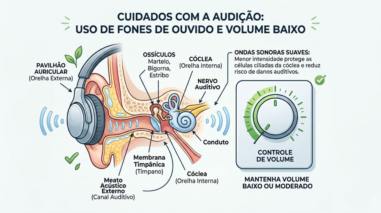 Reduzir o volume e fazer pausas no uso de fones ajuda a diminuir a exposição intensa ao som.
