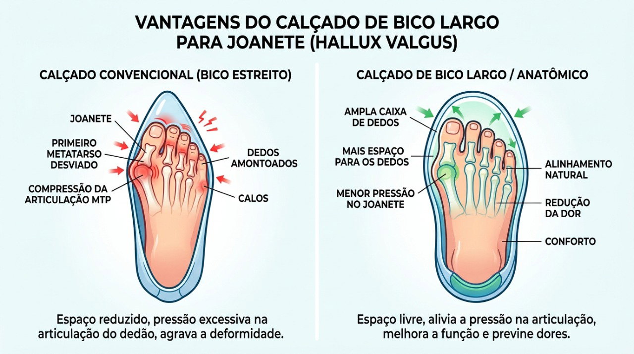 Sapatos com a frente larga podem reduzir a pressão sobre o joanete e aliviar o desconforto ao caminhar.
