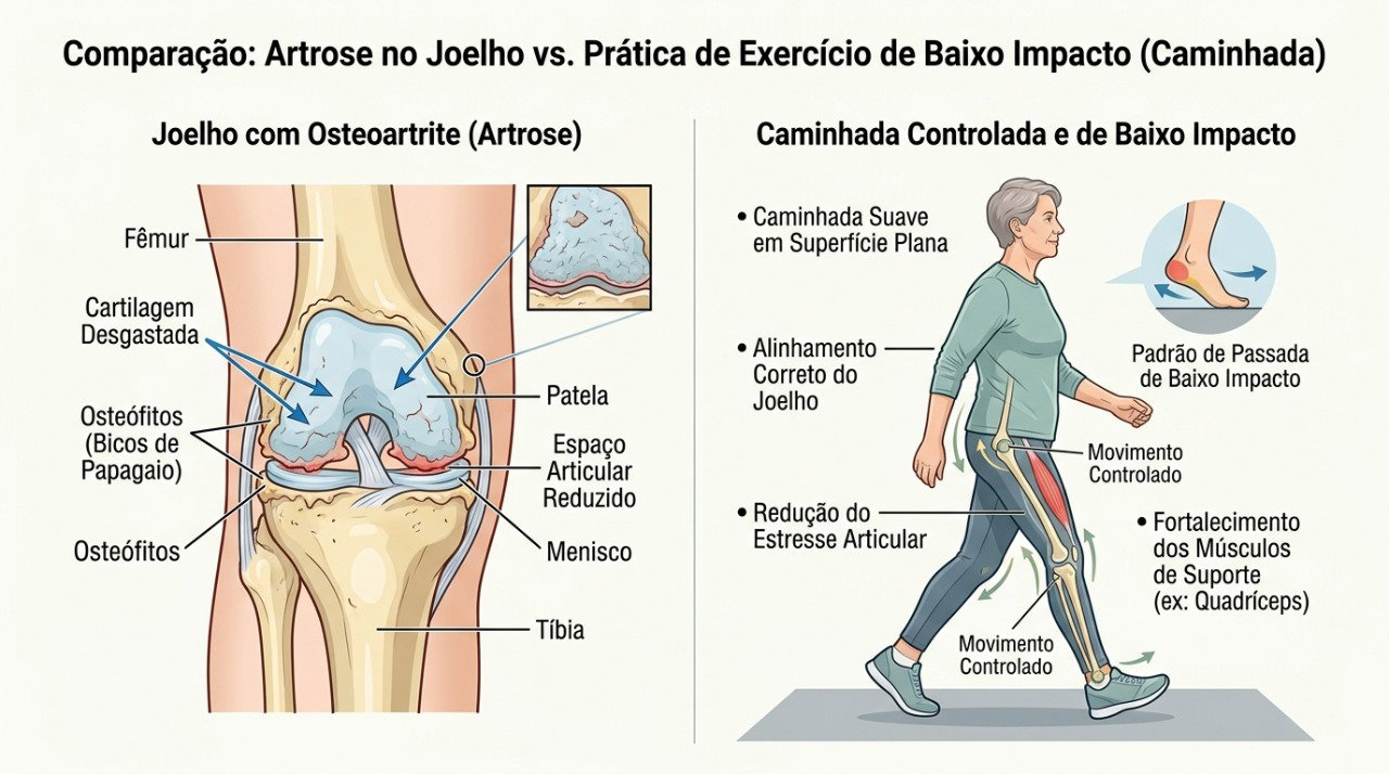 Caminhadas curtas e progressivas podem ajudar a movimentar o joelho sem sobrecarregar a articulação.