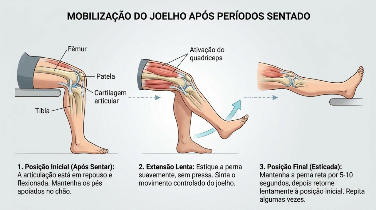 Movimentos suaves podem ajudar a reduzir a rigidez do joelho após períodos de repouso.