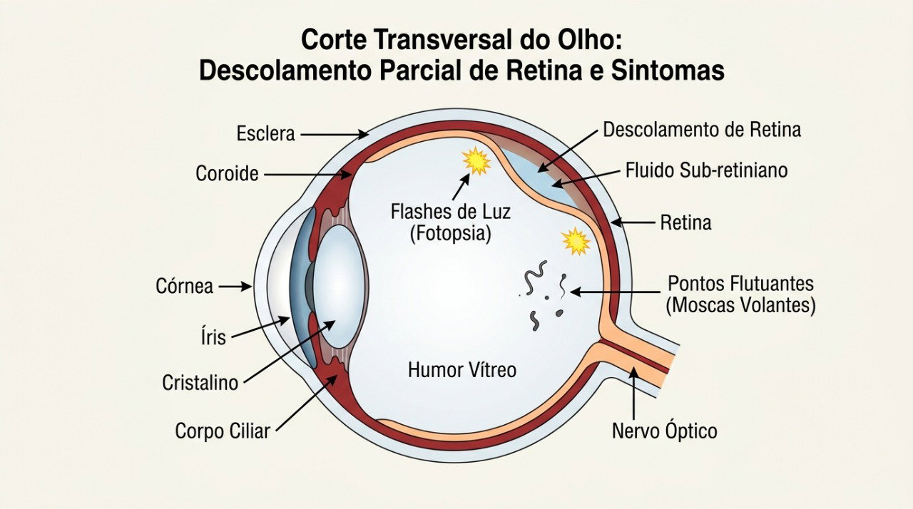 Flashes, moscas volantes e sombra no campo visual podem ocorrer em alterações da retina que exigem avaliação rápida.