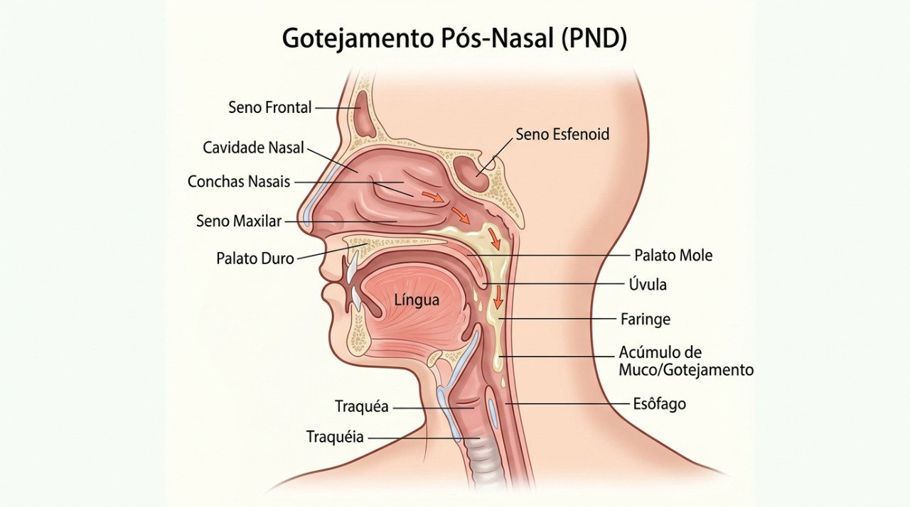 O gotejamento pós-nasal pode causar sensação de muco descendo e catarro preso na garganta.
