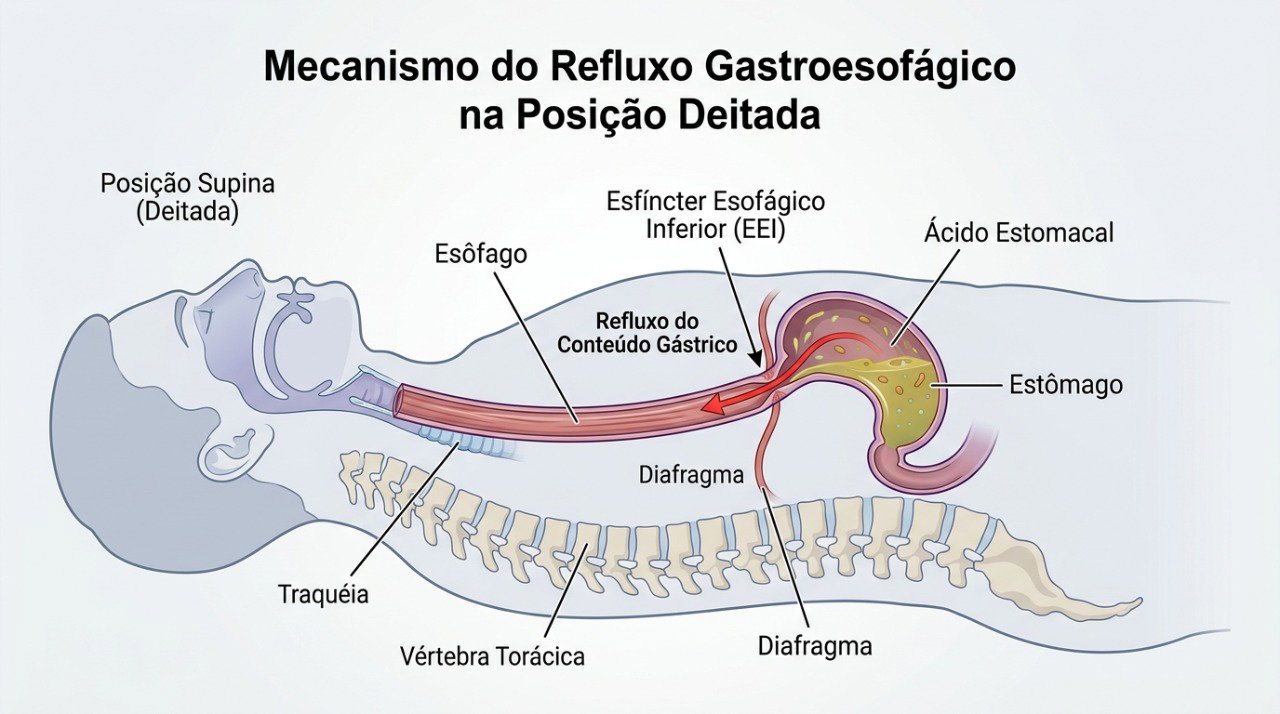 O refluxo pode piorar ao deitar com o estômago cheio, favorecendo a subida do ácido para o esôfago.