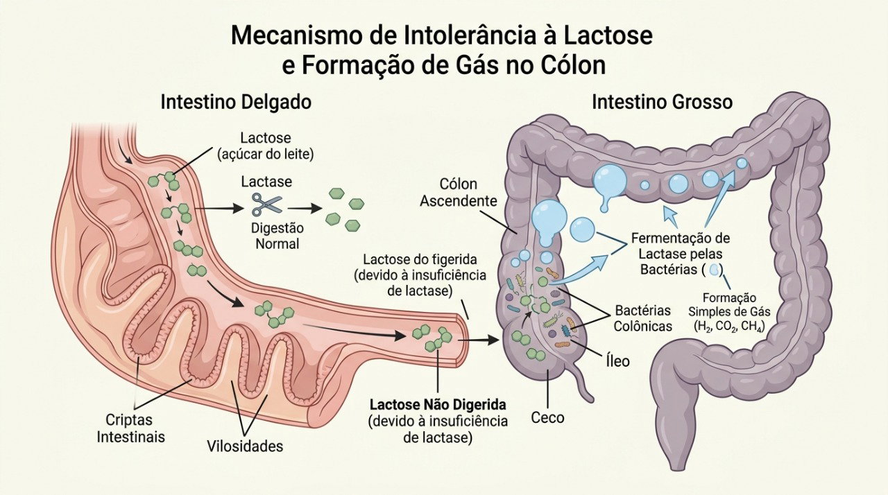 A lactose não digerida pode fermentar no intestino e favorecer gases, inchaço e diarreia.