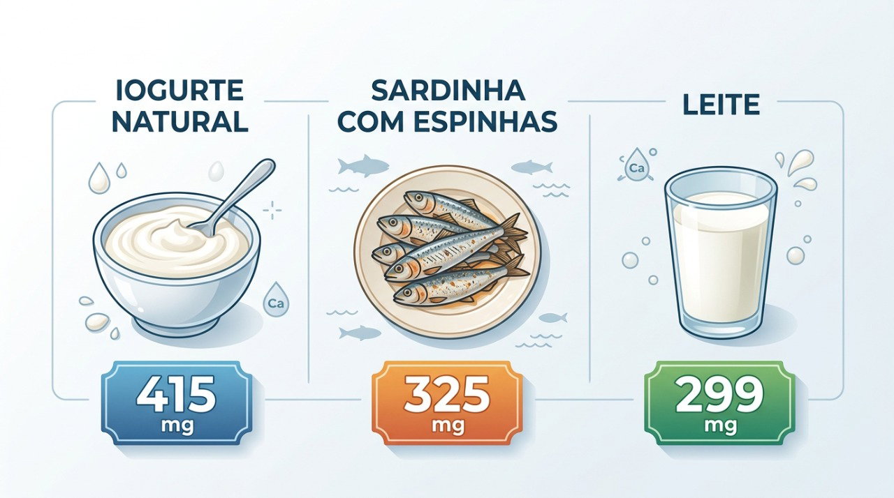 Na comparação por porção, o iogurte natural pode fornecer mais cálcio que sardinha e leite.