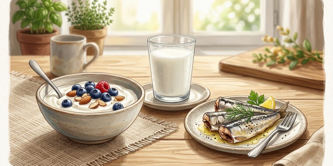 Iogurte, leite e sardinha são fontes de cálcio, mas a quantidade varia conforme o alimento e a porção.
