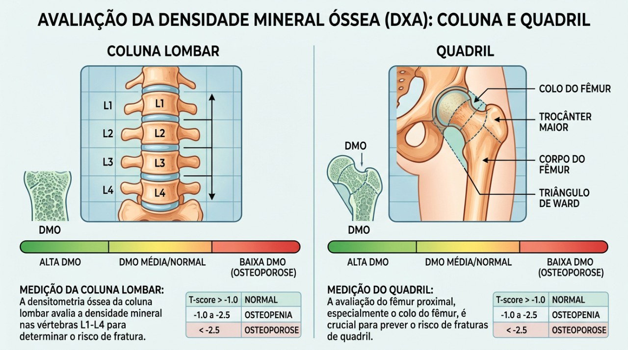 A densitometria óssea mede a densidade mineral principalmente no quadril e na coluna.