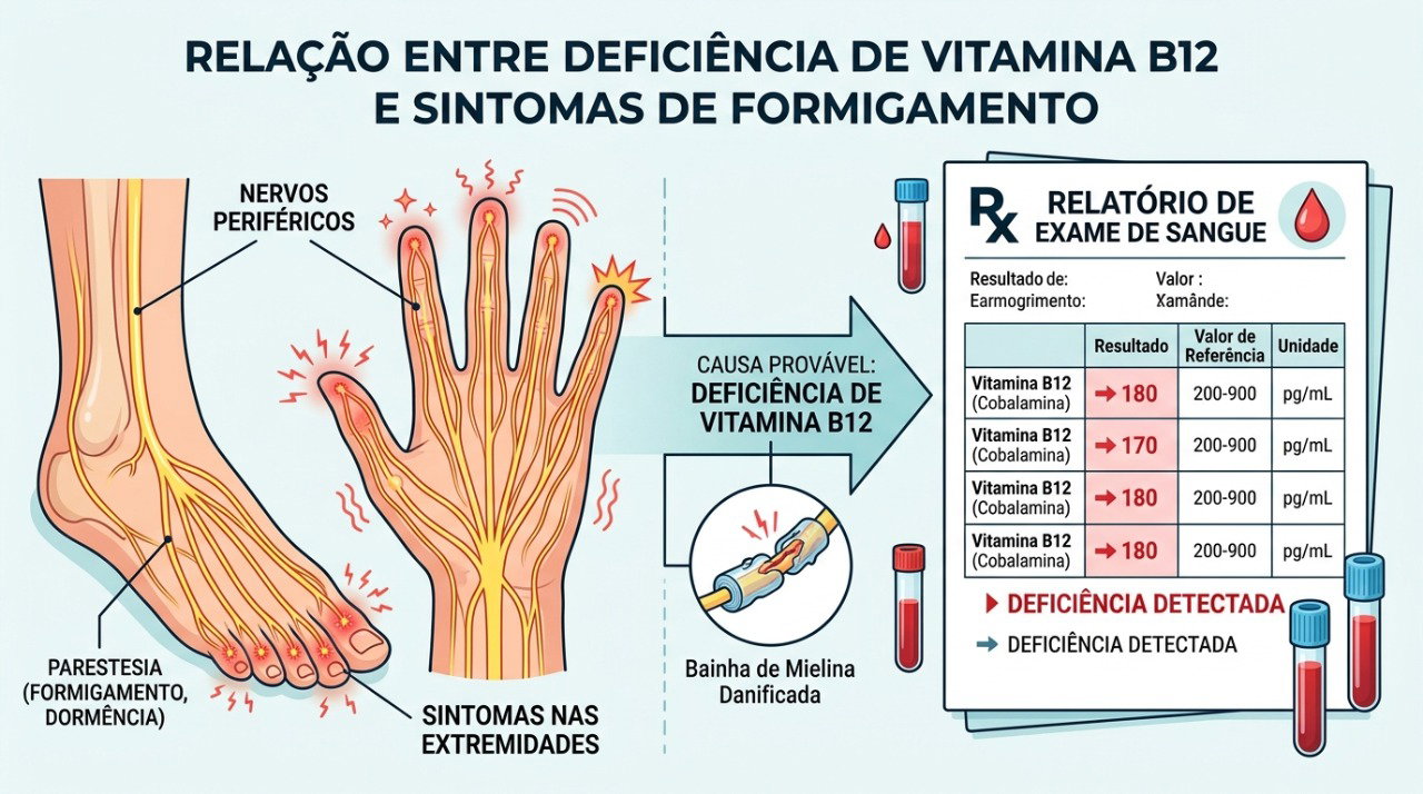 A deficiência de vitamina B12 pode causar formigamento, dormência e outras alterações neurológicas.