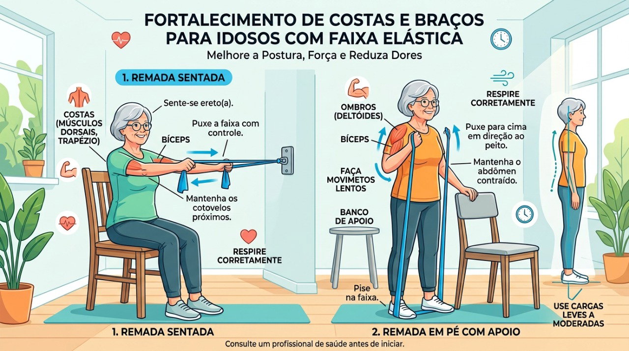 Faixas elásticas podem ser usadas em casa para fortalecer os músculos com progressão gradual.
