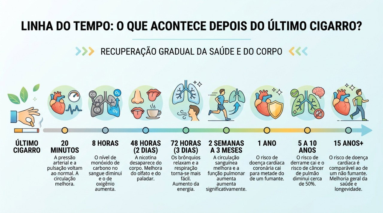 Os benefícios de parar de fumar começam cedo e aumentam com o tempo sem cigarro.