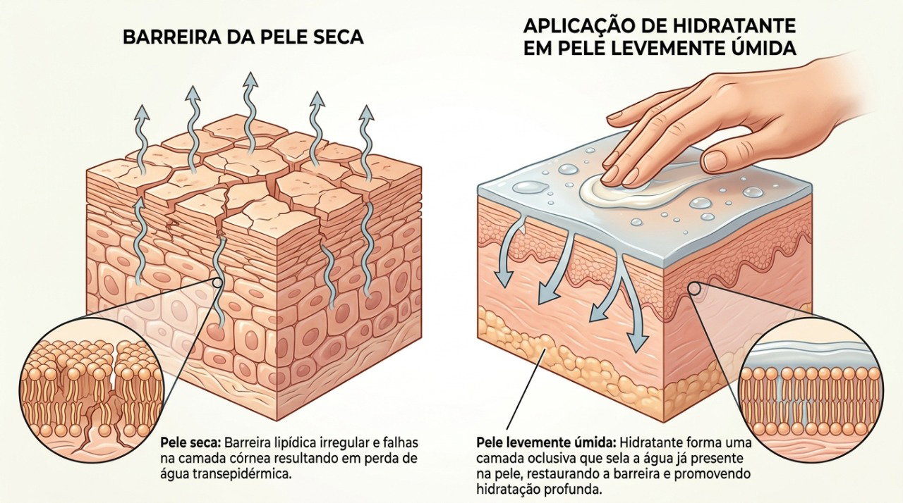 Aplicar hidratante logo após o banho ajuda a reduzir a perda de água e proteger a barreira da pele.
