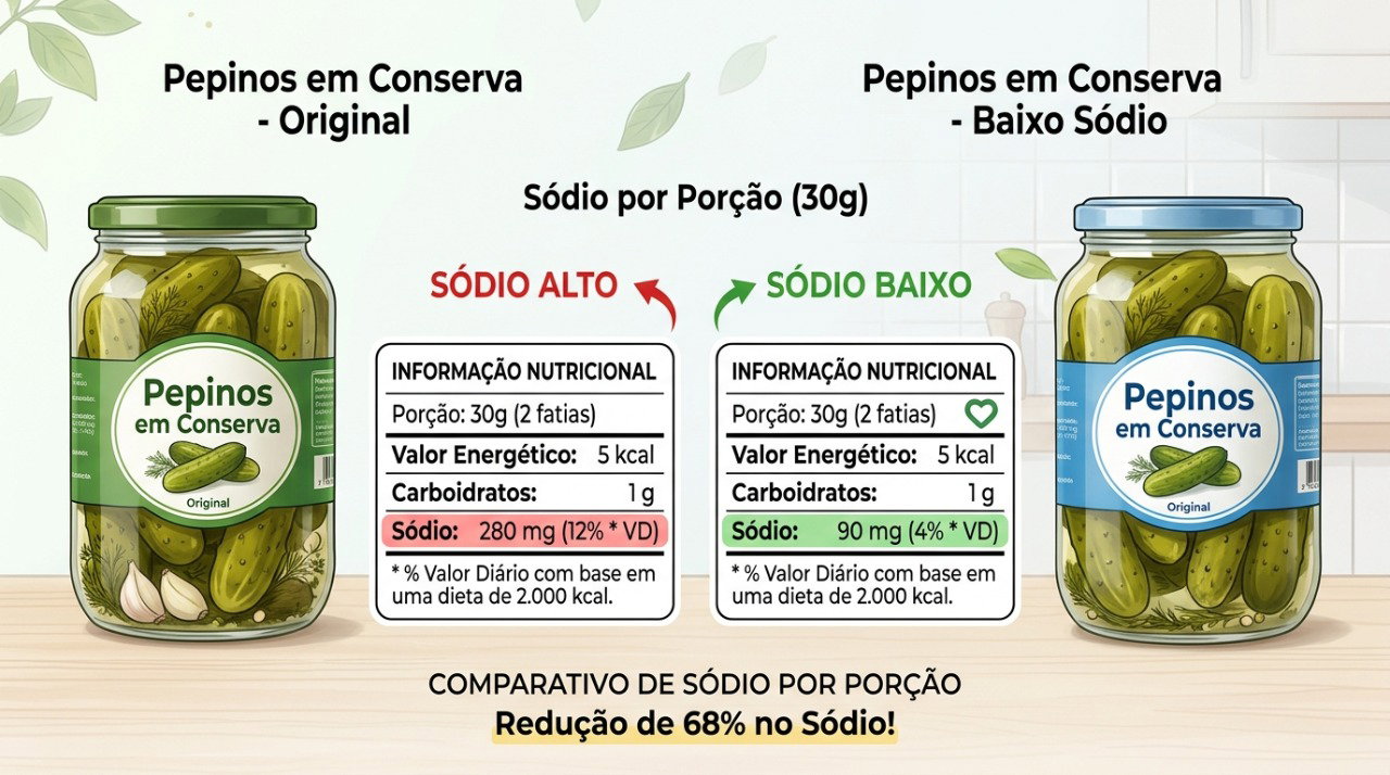 Comparar o sódio por porção e o Valor Diário ajuda a escolher entre diferentes tipos de picles.