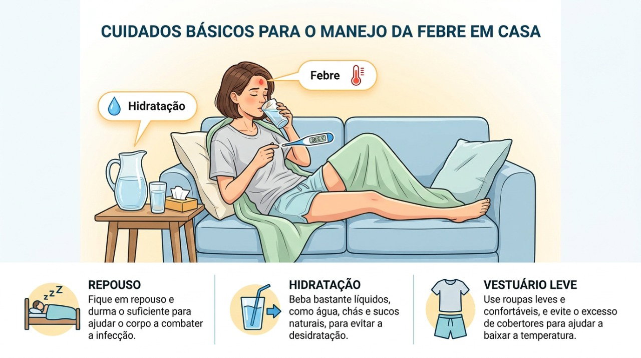 Repouso, hidratação e observação dos sintomas ajudam no cuidado de quadros leves de febre.
