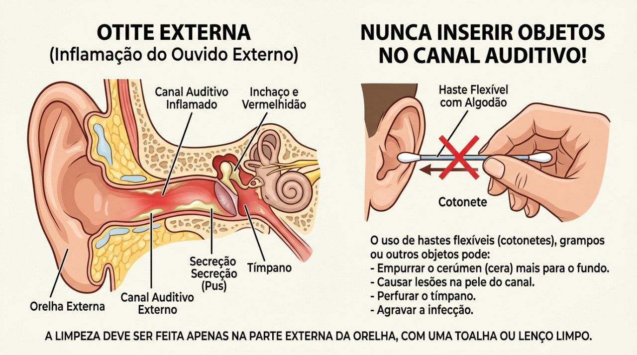 Secreção e inflamação no canal auditivo devem ser avaliadas sem tentar limpar o ouvido por dentro.