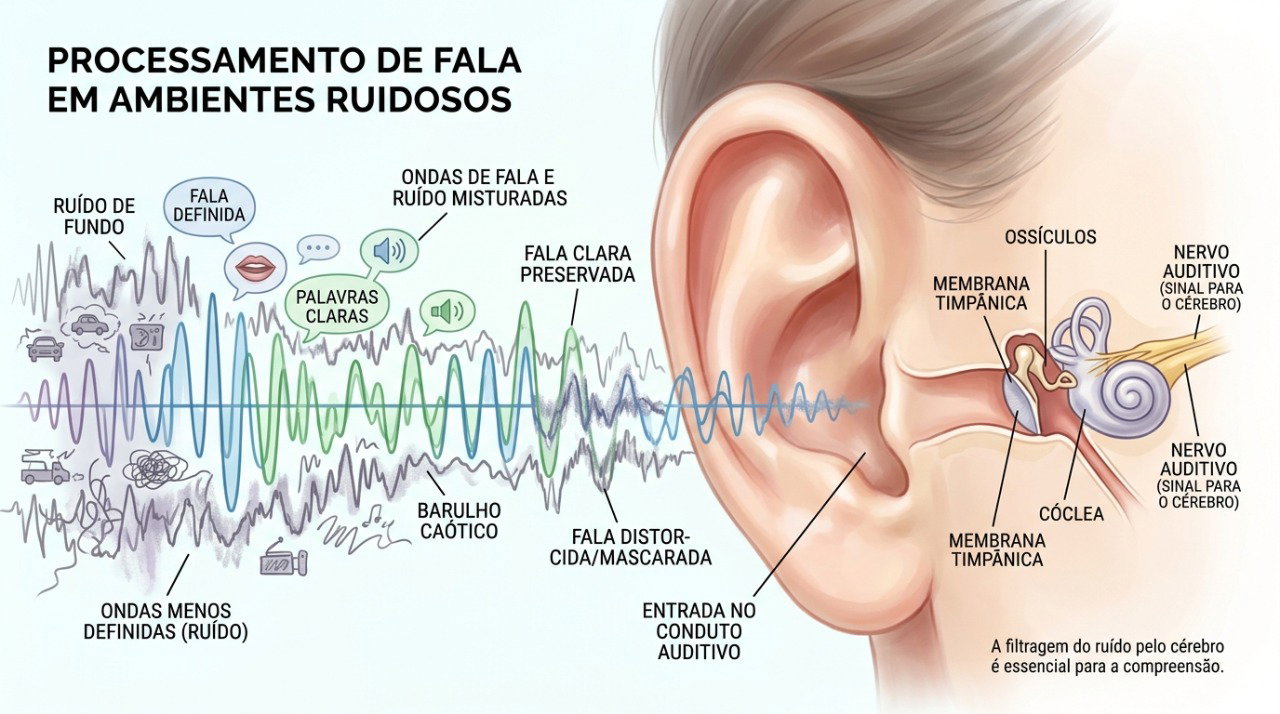 Ruídos ao redor podem dificultar a compreensão da fala mesmo quando a voz ainda é ouvida.