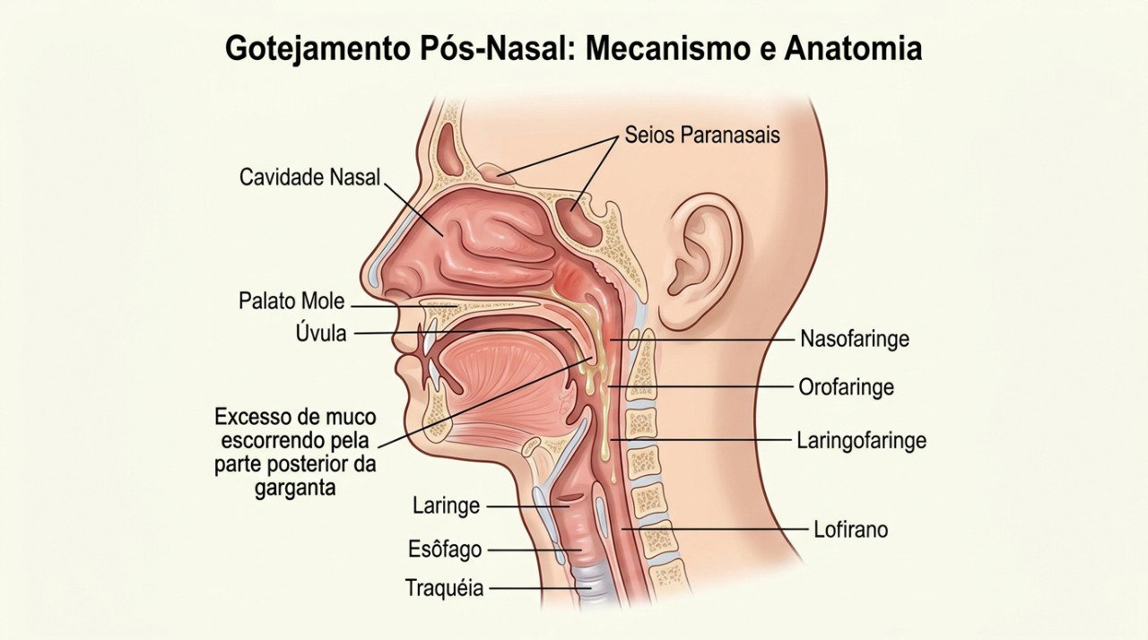 O gotejamento pós-nasal pode causar sensação persistente de secreção acumulada na garganta.