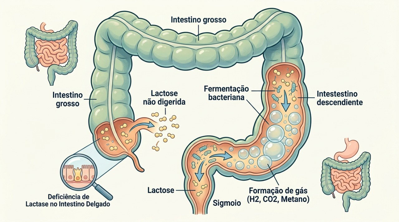 A lactose não digerida pode fermentar no intestino e provocar gases, distensão e diarreia.