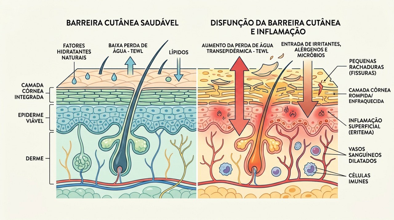 No eczema, alterações na barreira da pele favorecem ressecamento, sensibilidade e inflamação recorrente.