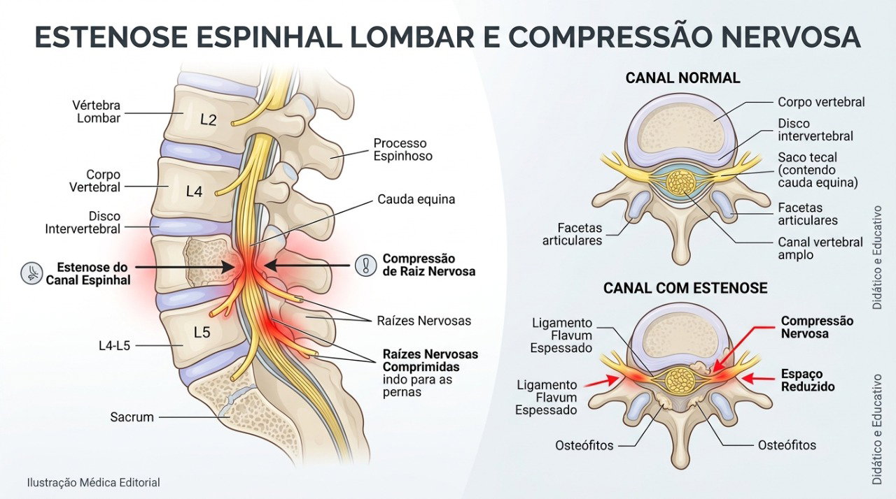 O estreitamento do canal lombar pode comprimir nervos e causar dor, formigamento ou fraqueza nas pernas.