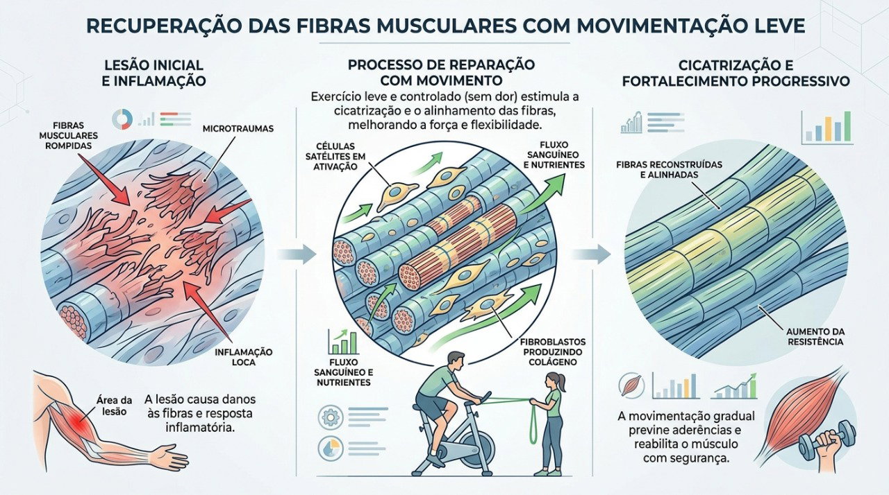 A mobilização leve e progressiva pode fazer parte da recuperação após os primeiros dias da lesão muscular.