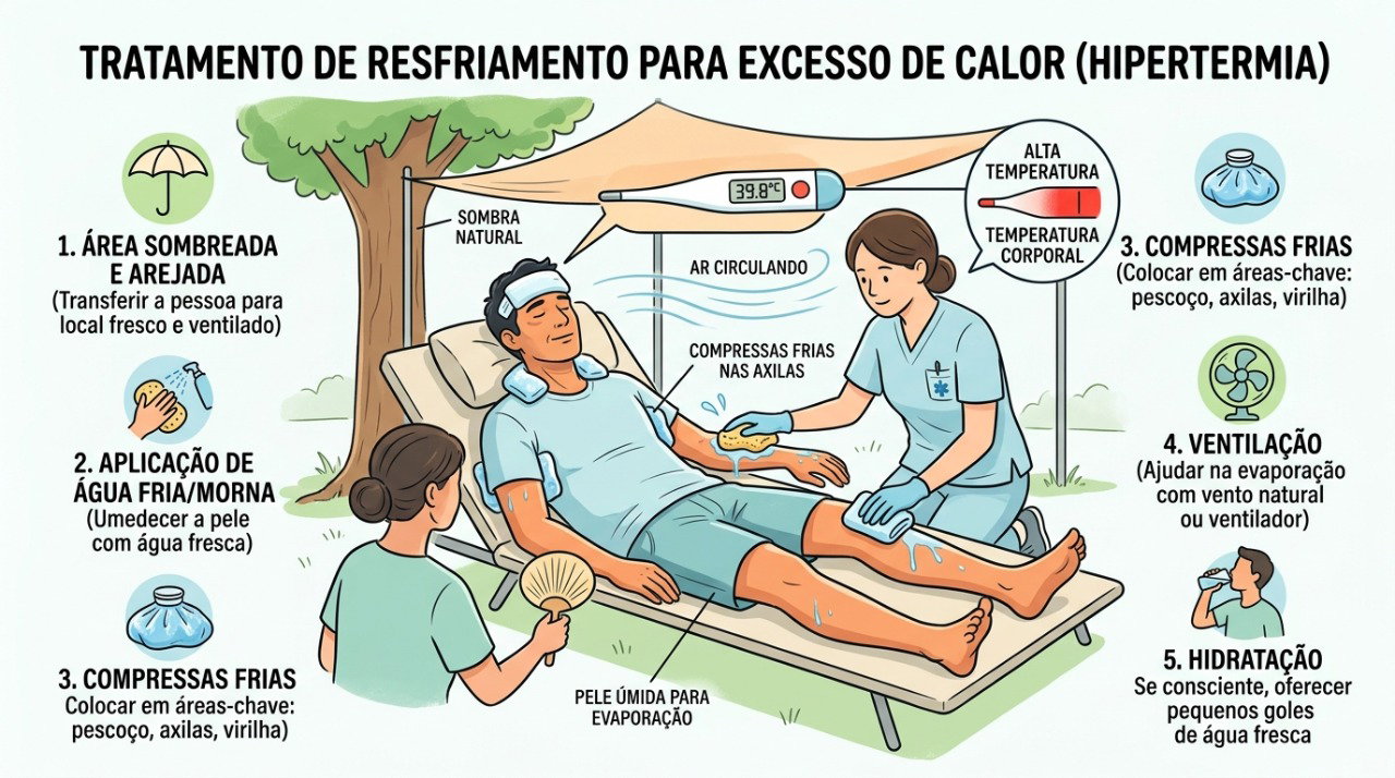 O resfriamento rápido pode ajudar enquanto o atendimento de emergência é acionado em casos de insolação grave.
