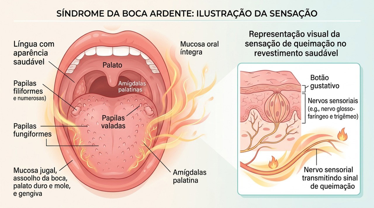 A síndrome da boca ardente pode causar queimação persistente mesmo sem alterações visíveis na mucosa.