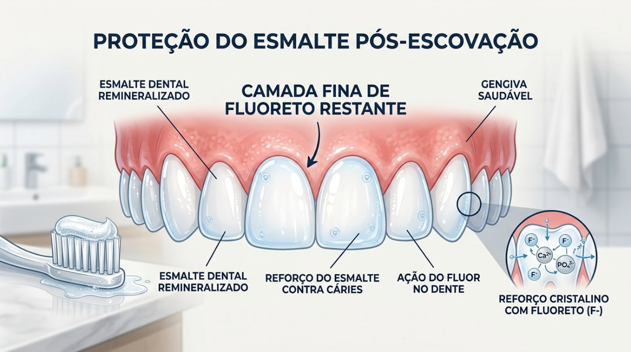 Evitar o enxágue imediato ajuda a prolongar a retenção de flúor após a escovação.