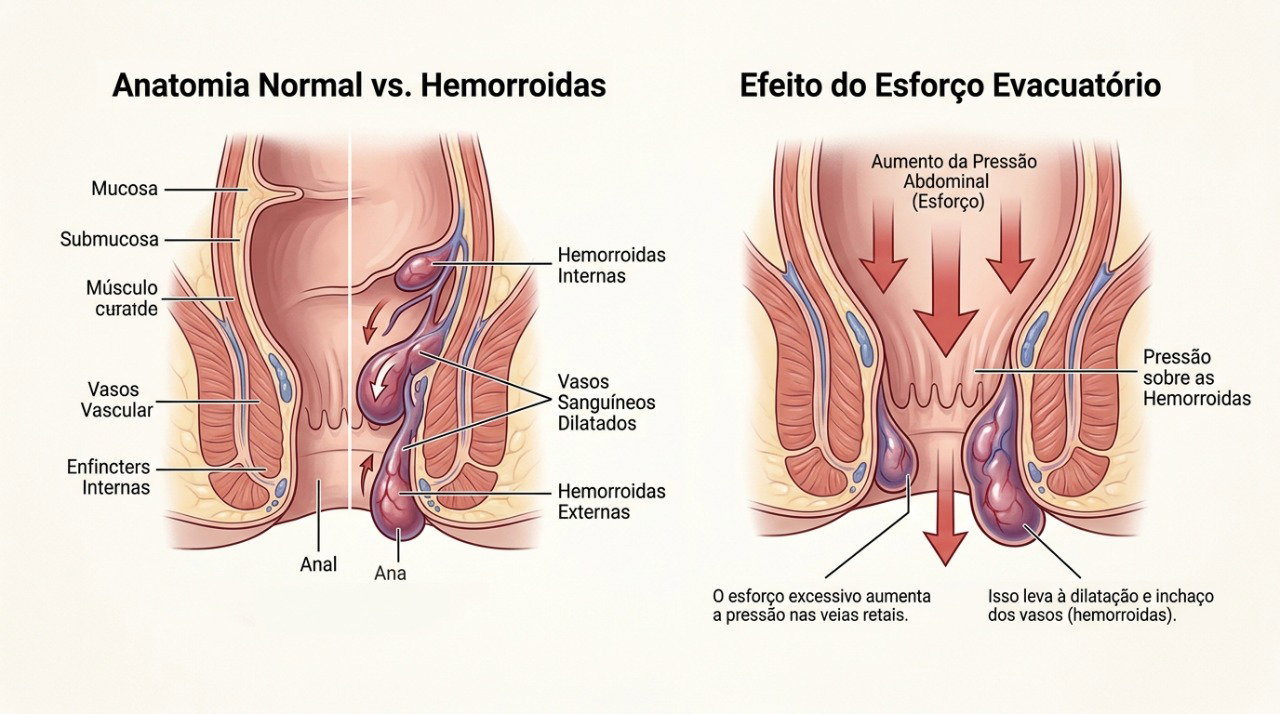 O esforço repetido e a permanência prolongada no vaso podem aumentar a pressão na região anal.