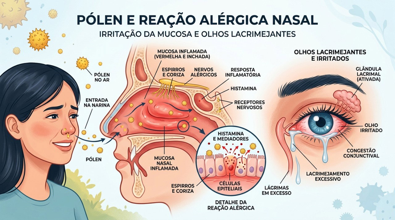 O contato com o pólen pode desencadear inflamação nasal, espirros, congestão e coceira nos olhos.