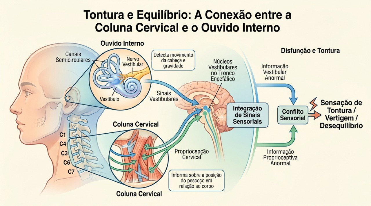 A tontura pode envolver o pescoço, o ouvido interno e outros sistemas, exigindo avaliação da causa.