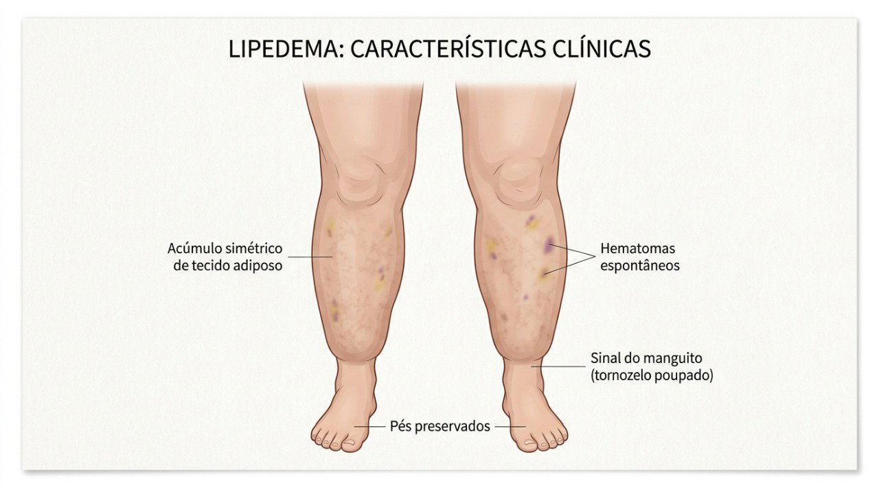 No lipedema, o aumento das pernas costuma ser simétrico e pode vir acompanhado de dor, peso e hematomas.