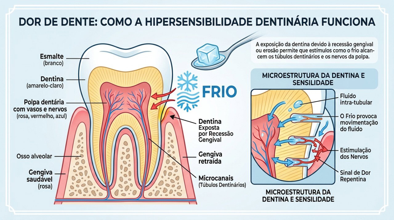A exposição da dentina pode causar dor curta e intensa em contato com frio, calor ou alimentos doces.