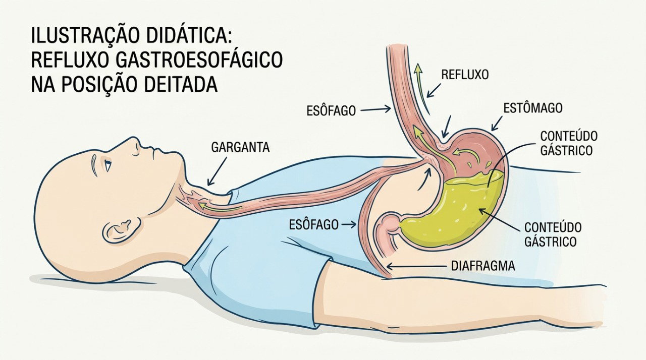 Deitar após comer pode favorecer o retorno do conteúdo do estômago pelo esôfago.