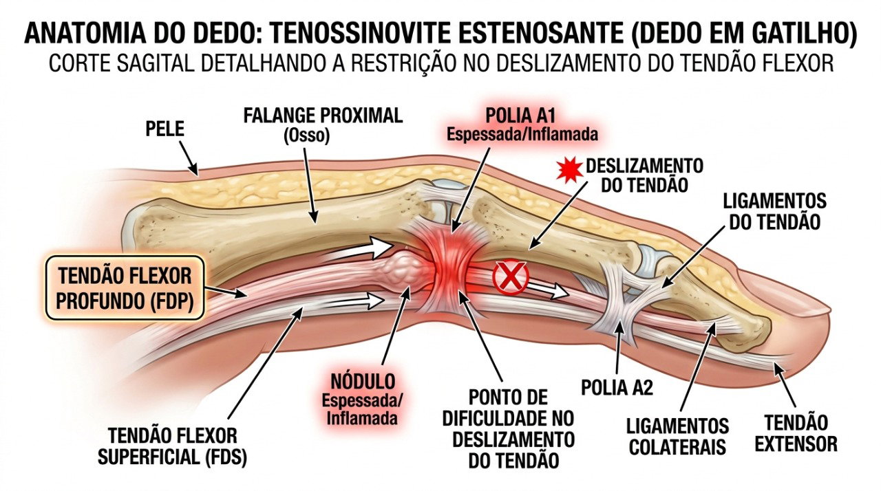 No dedo em gatilho, o tendão pode ter dificuldade para deslizar, causando estalos e travamento.