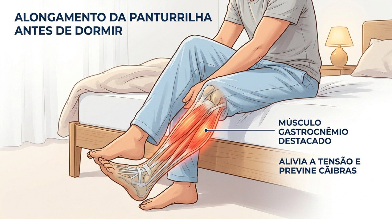 Alongar a panturrilha antes de dormir pode ajudar a reduzir cãibras noturnas em algumas pessoas.
