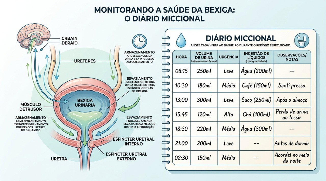 Um diário urinário pode ajudar a identificar horários, frequência e situações associadas à urgência.