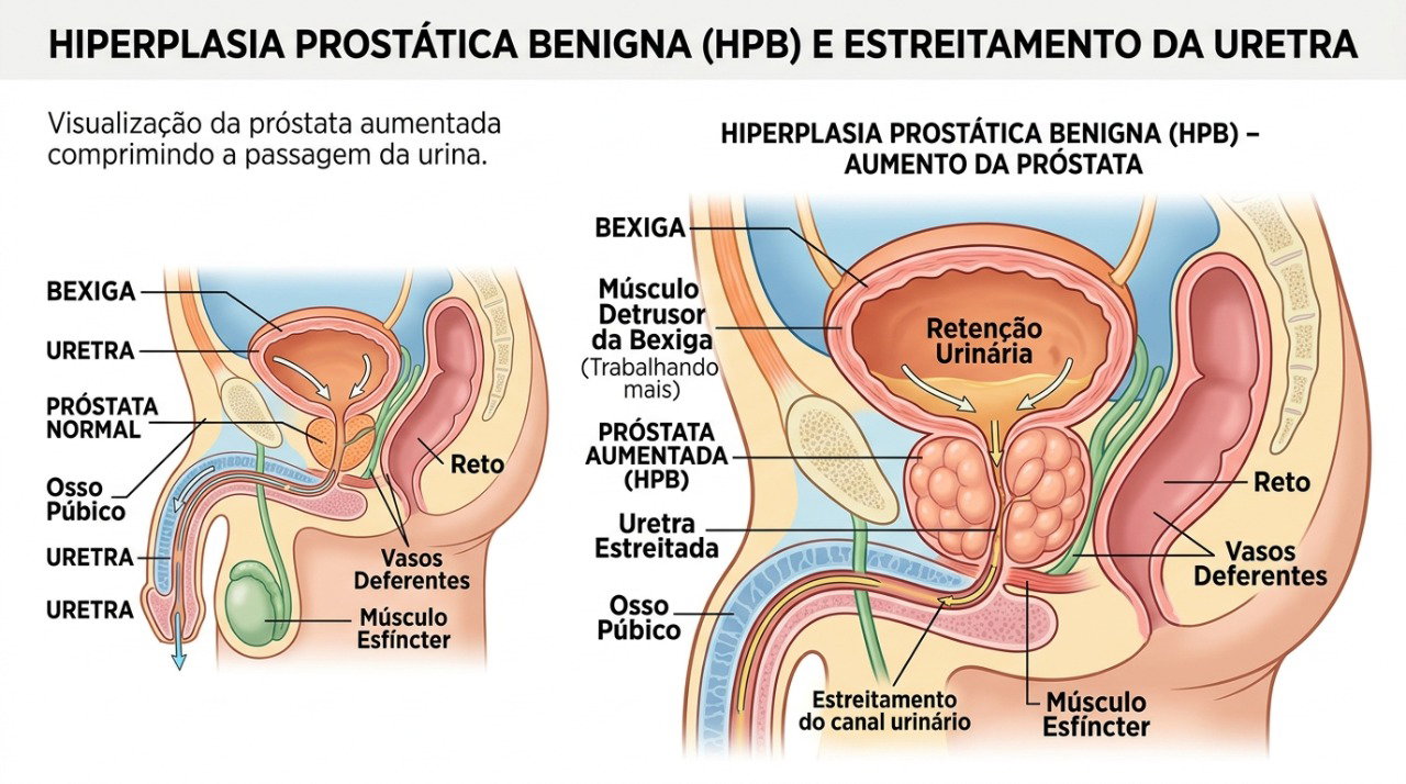 O aumento da próstata pode estreitar a uretra e dificultar a passagem da urina.